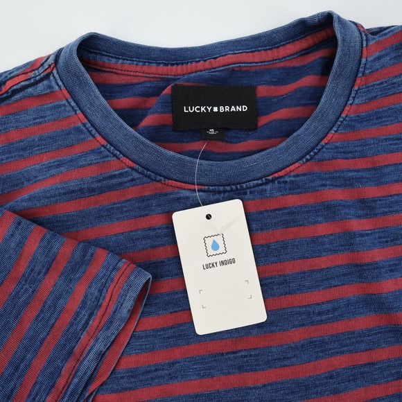 Lucky Brand Men's Medium T-Shirt Blue Burgundy Striped Crew Neck Short Sleeve - Picture 1 of 7